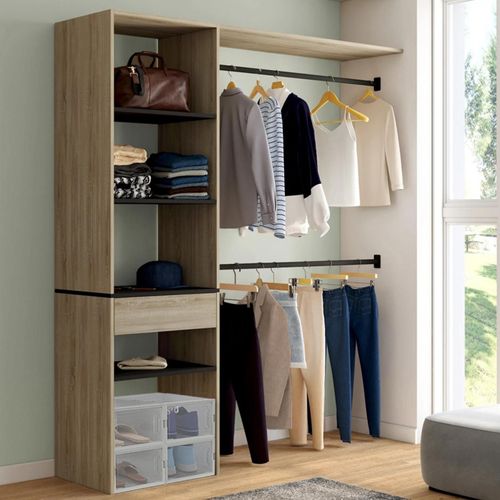 Kit Dressing Meline 160 X 40 X 180 Cm Hêtre Avec Étagères Noires + Tiroir + Double Penderie