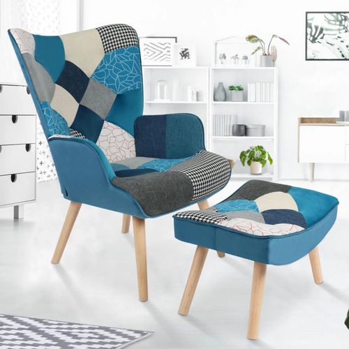 Fauteuil Scandinave Ivar Avec Repose Pieds En Tissu Patchwork Et Velours Bleu