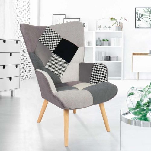 Fauteuil Scandinave Ivar En Tissu Patchwork Noir, Gris Et Blanc