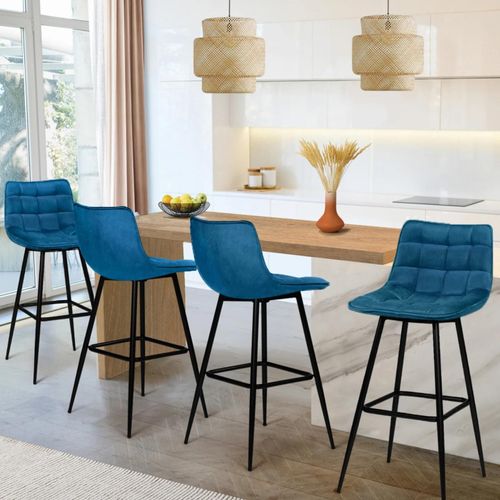 Lot De 4 Tabourets De Bar Mady En Velours Bleu