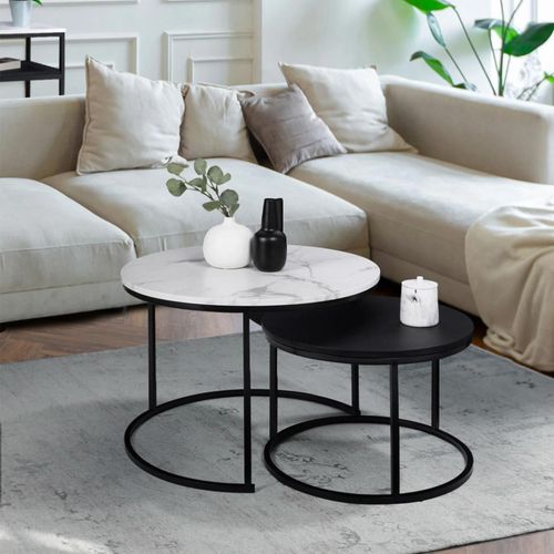 Lot De 2 Tables Basses Gigognes Alaska Rondes 54/70 En Bois Effet Marbre Et Noir Pieds Métal