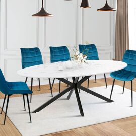 Table à manger ovale alix 10 personnes pied araignée métal noir et plateau effet marbre blanc alaska 200 cm