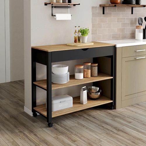 Desserte De Cuisine Penh Xxl Avec Tiroir Et Plan De Travail Noir Plateaux Façon Hêtre L.100 Cm