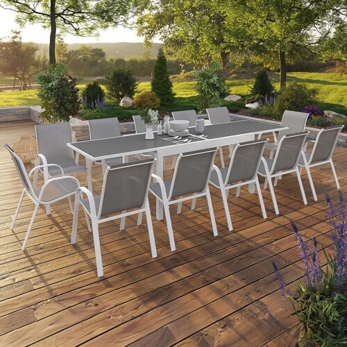 Salon De Jardin Avec Table En Verre Trempé Et 12 Chaises