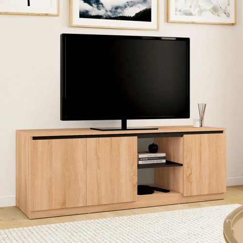 Meuble Tv Tomi 3 Portes Bois Façon Hêtre Et Noir 140 Cm