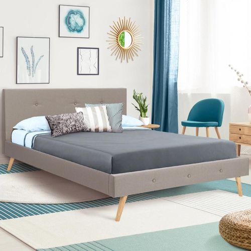 Lit Double Scandinave Oslo 140 X 190 Cm Tissu Beige Effet Lin