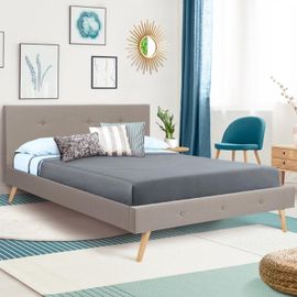 Lit Double Scandinave Oslo 140 X 190 Cm Tissu Beige Effet Lin