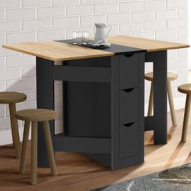Table Console Pliable Edi 2-4 Personnes Avec 3 Tiroirs Noirs Plateau Façon Hêtre 103 X 76 Cm