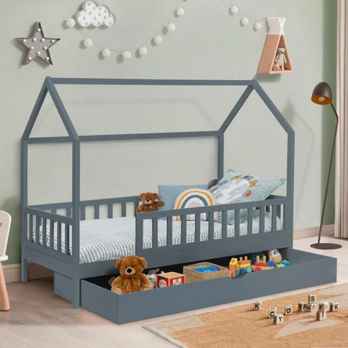 Lit Cabane Enfant 80 X 160 Cm Neree Gris Avec 1 Tiroir Gigogne Et De Rangement