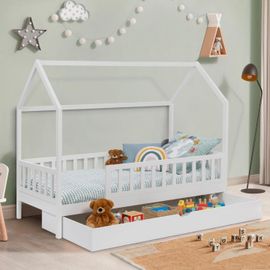 Lit Cabane Enfant 80 X 160 Cm Neree Blanc Avec 1 Tiroir Gigogne Et De Rangement