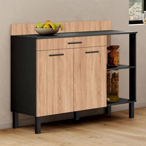 Buffet Bas De Cuisine 120 Cm Cina Plan De Travail H.83 Cm 2 Portes + Tiroir Noir Et Façon Hêtre