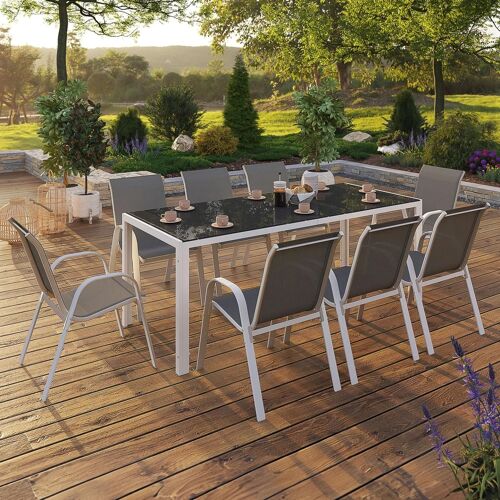Salon De Jardin Madrid Table 190 Cm Et 8 Chaises Empilables Structure Blanche Plateau Gris