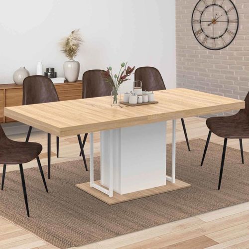 Table À Manger Extensible Rectangle Ugo 6-10 Personnes Bois Façon Hêtre Et Blanc 160-200 Cm