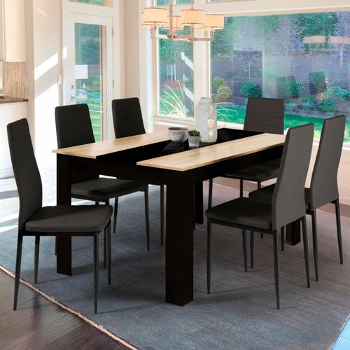 Table À Manger Rectangle Georgia 6 Personnes Noire Et Imitation Hêtre 140 X 90 Cm