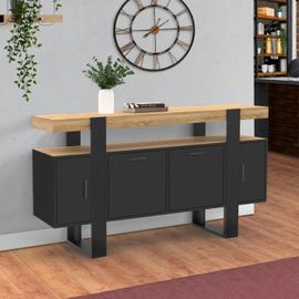 Buffet 140 Cm Phoenix 4 Portes Noir Avec Plateau Bois