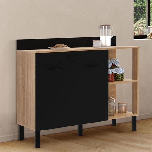 Buffet Bas De Cuisine 120 Cm Cina Plan De Travail H.83 Cm 2 Portes + Tiroir Façon Hêtre Et Noir
