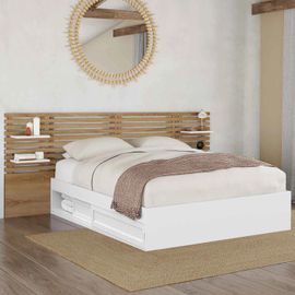 Idmarket Lit Double Savana Avec Tête De Lit, Chevets, Rangements Et Sommier 140 X 190 Cm Hêtre Et Blanc