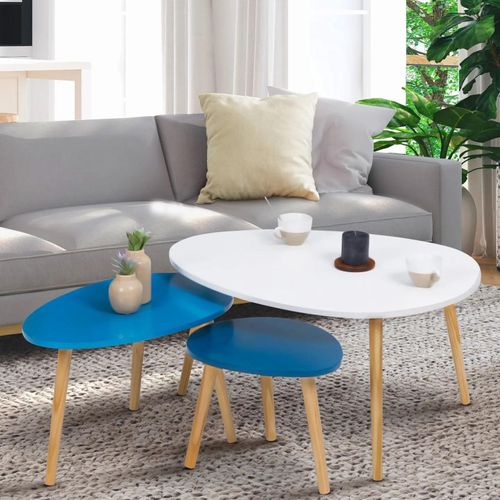 Lot De 3 Tables Basses Gigognes Gaia Laquées Blanc Bleu Scandinave