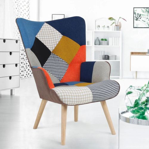 Fauteuil Scandinave Ivar En Tissu Patchwork Multicouleurs Et Imprimé Pied De Poule