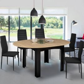 Idmarket Table À Manger Extensible Dona Ronde 4-6 Personnes Noir Plateau Façon Hêtre 120-160 Cm