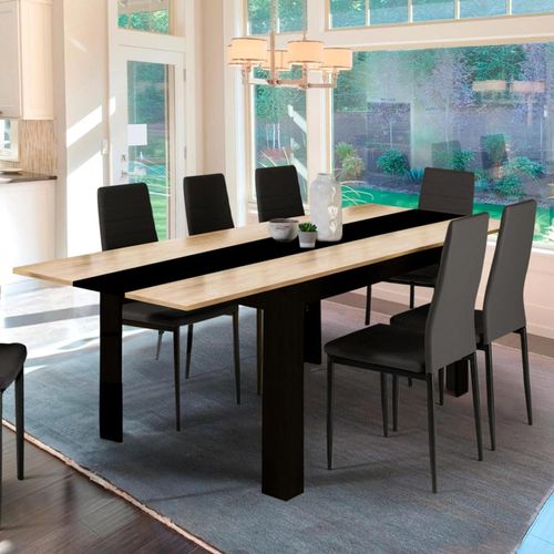 Table À Manger Extensible Rectangle Georgia 6-10 Personnes Noire Et Imitation Hêtre 140-220 X 90 Cm