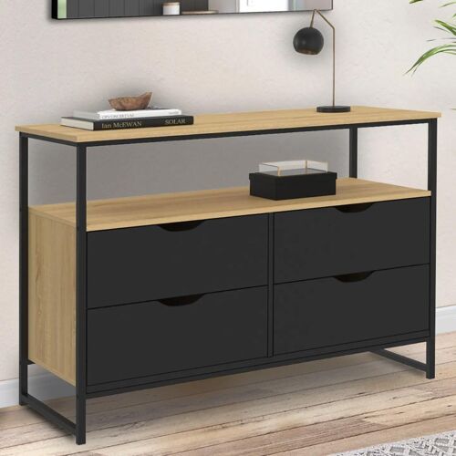Commode 4 tiroirs noirs boston 110 cm design industriel avec étagère