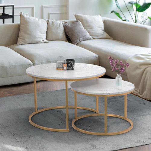 Lot De 2 Tables Basses Gigognes Alaska Rondes 54-70 Effet Marbre Et Pied Doré