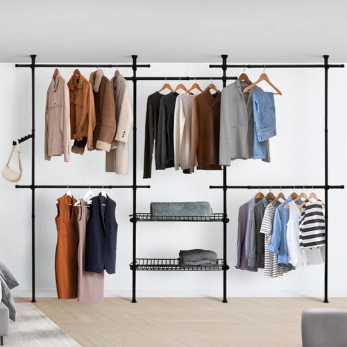 Dressing Penderie Télescopique Eliot Extensible 209-305 Cm 5 Penderies + 2 Paniers En Métal Noir
