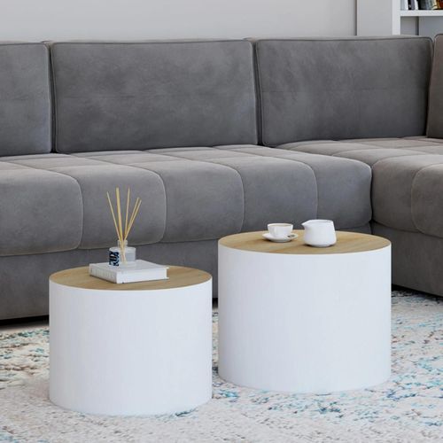 Lot De 2 Tables Basses Cylindres Gigognes Galia Bois Et Blanc