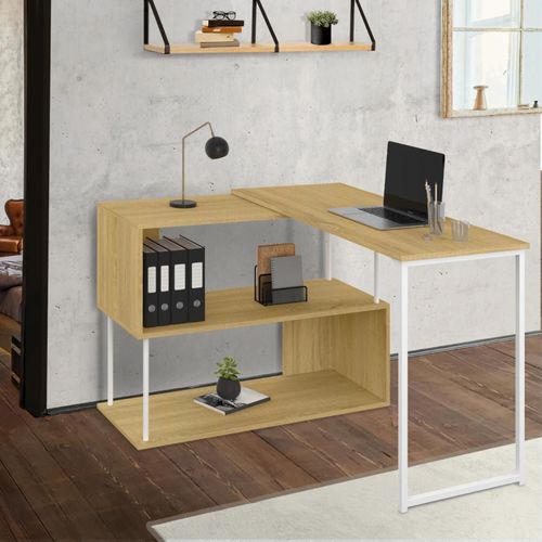 Bureau D'angle Rotatif 180° Detroit Étagère Forme S Design Industriel Bois Et Métal Blanc