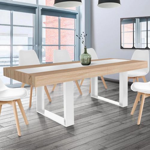 Table À Manger Extensible Rectangle Phoenix 6-10 Personnes Bois Et Blanc Bande Centrale Blanche 160-200 Cm