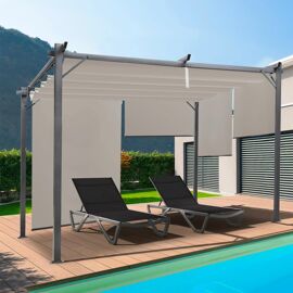 Pergola Édition Spéciale Toit Rétractable 3x4 M Et 4 Stores Enrouleurs Taupe