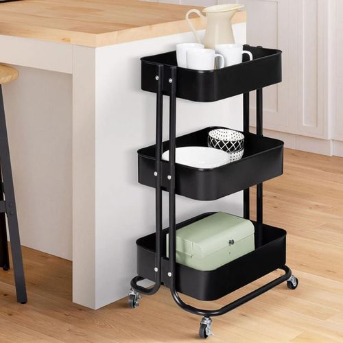 Chariot 3 Niveaux Desserte Étagère De Rangement À Roulettes Acier Noir