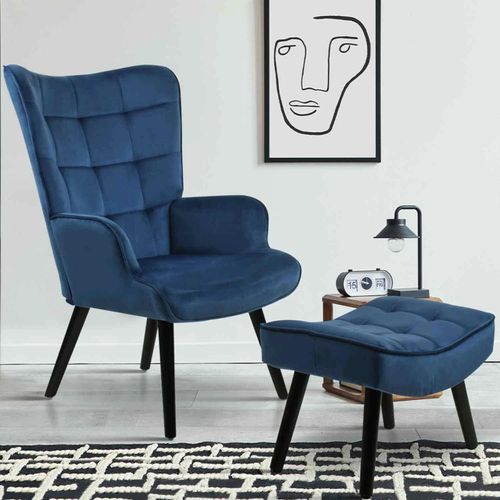 Fauteuil Scandinave Ania Avec Repose Pieds Velours Bleu