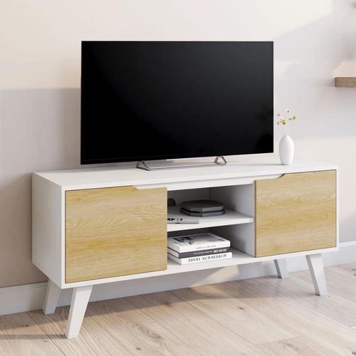 Meuble Tv 110 Cm Finn Blanc 2 Portes Façon Hêtre