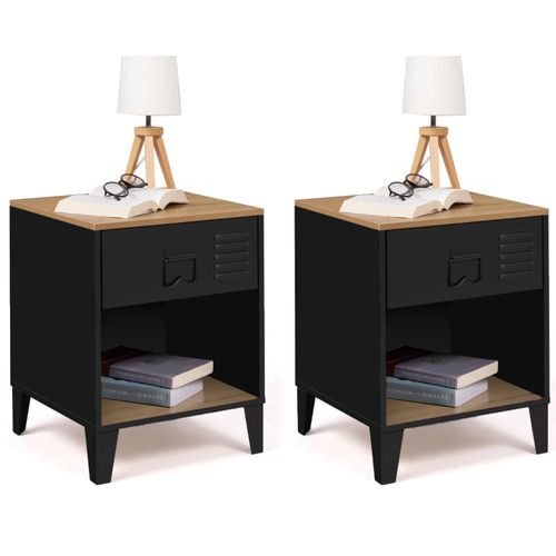 Lot De 2 Tables De Chevet Ester 1 Tiroir Métal Noir Avec Niche Et Plateau Façon Hêtre Design Industriel