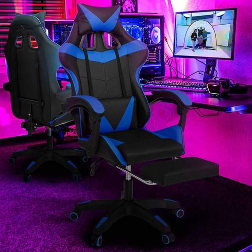 Fauteuil De Gaming Alex Réglable Avec Repose-Pied, Coussin De Tête Et Coussin Lombaire Noir Et Bleu