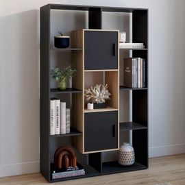 Etagère bibliothèque colette avec 11 compartiments et 2 cases noir et effet bois h.143 cm