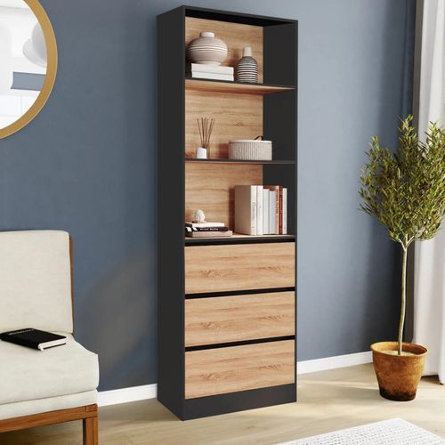 Etagère Bibliothèque Carla 3 Niveaux 3 Tiroirs Noir Et Effet Bois H.190 Cm