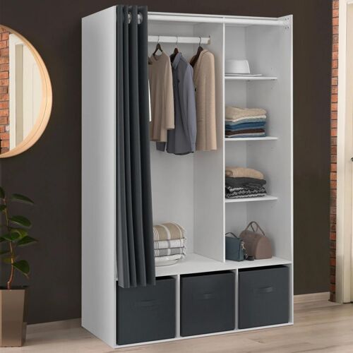 Dressing penderie DIANE 105 x 50 x 172 cm blanc avec étagères + boites de rangement + rideau gris
