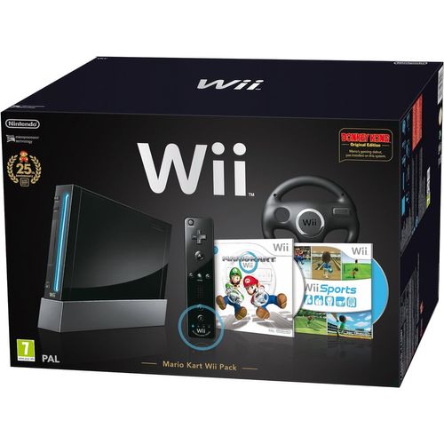 Console Wii Noire Nintendo Pack Anniversaire 25 Ans + Mario Kart + Volant + Wii Sports + Donkey Kong Original