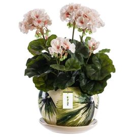 Pot De Fleurs - Botle - Ø14 Cm - Céramique - Crème Et Vert - Motif Feuilles