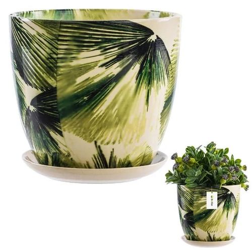 Pot De Fleurs Rond En Céramique Ø16.5 Cm H16.5 Cm 3.5l Feuilles Vertes Soucoupe