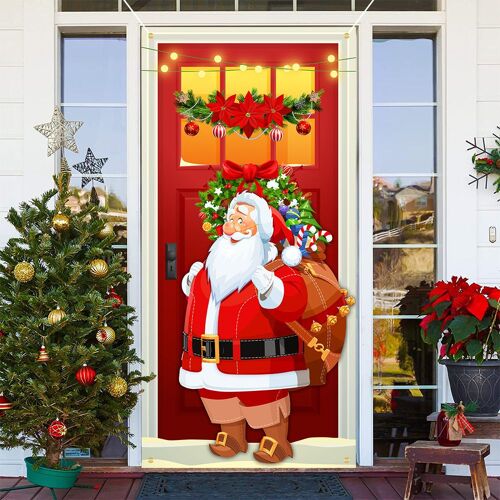 Décoration de Couverture de Porte de Noël, Bannière Suspendue de Porte du Père Noël Toile de Fond de Noël Décorations de Fête de Noël(C)