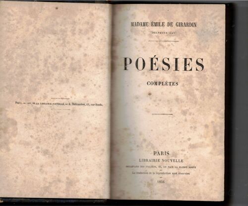 Madame Emile De Girardin Poésies Complètes 1856