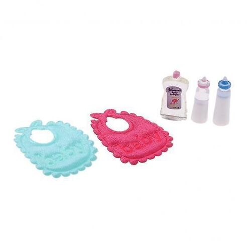 4x5pcs Maison De Poupée Miniature Biberons De Lait Bébé Bib & Shampooing Accessoires De Pépinière