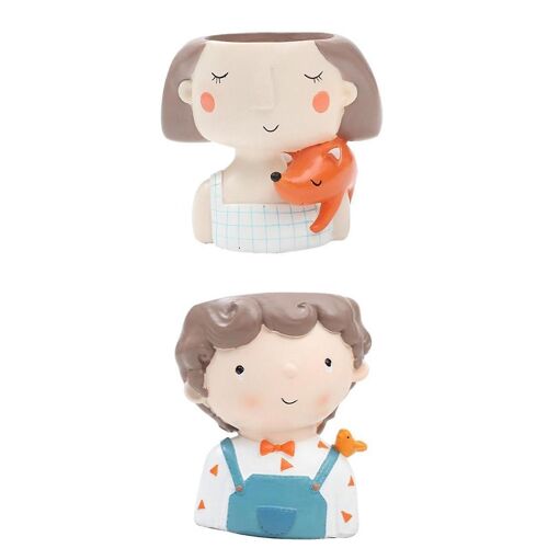 2Pcs Resin Girl Boys Succulent Planter Bonsai Pot Flowerpot Home Decor Set A