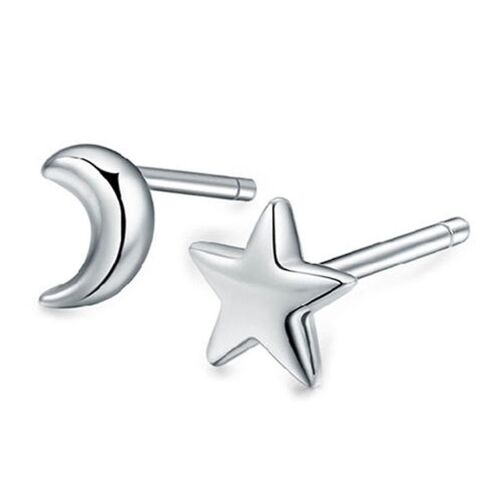 Sterling Femmes Argent Asymétrie Créative Lune Star Oreille Stud Boucles D'oreilles 2pcs