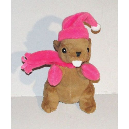 Peluche Marmotte Bonnet Écharpe Rose Sonore 21 Cm