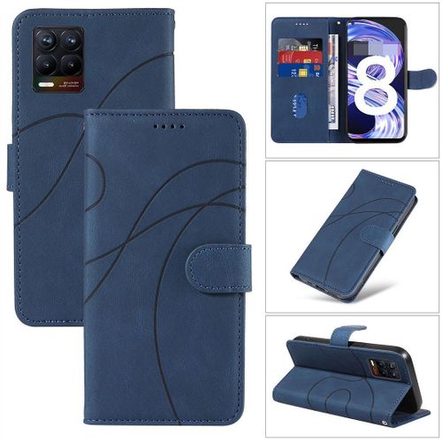 Saturcase Coque Pour Realme 8 4g / Realme 8 Pro, Courbe Pu Cuir Magnétique Flip Portefeuille Support Porte-Carte Dragonne Protecteur Housse Étui Pour Realme 8 4g / Realme 8 Pro (Hx-Bleu)